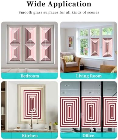 Window Privacy Film Frosted, Red White Geometric Reusable Static Cling Window Tints, Square Minimalist Modern Heat Control Windows Films for Offices, Balcony, 29.5 x 118 Inches - Image 7