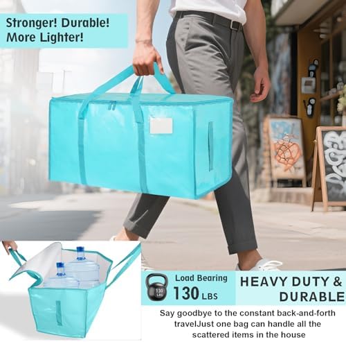 6 Pack-Extra Large Heavy Duty Moving Bags - Waterproof Storage Totes with Handles & Zippers, Foldable for College Dorm, Storage (lake blue) - Image 3