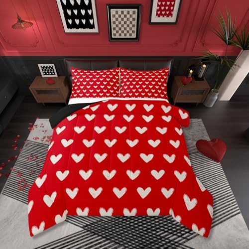 Red White Comforter Set King Size Cute Heart Pattern Bedding For Kids Boys Girls Valentine Day Gift Quilt Cartoon Love Geometric Duvet Insert Love Heart Soft Warm Bedding Sets Bedroom Decor 3Pcs by Erosebridal