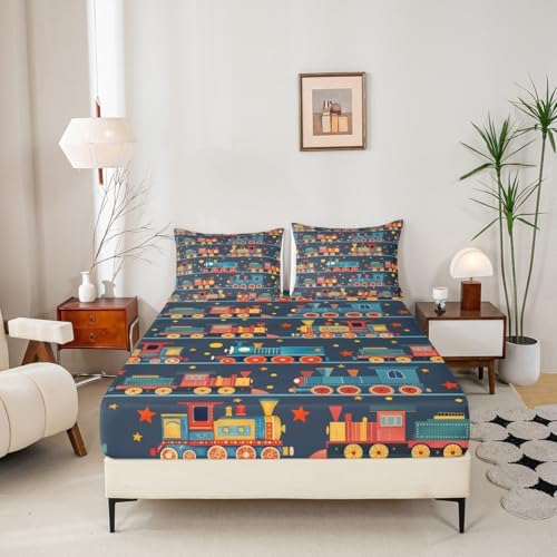 Erosebridal Vintage Train Fitted Sheet for Boys Girls Kids Cartoon Trains Twin Bed Sheets,Railroad Print Sheets Colorful Steam Engine Bedding Sets, No Top Sheet - Image 4
