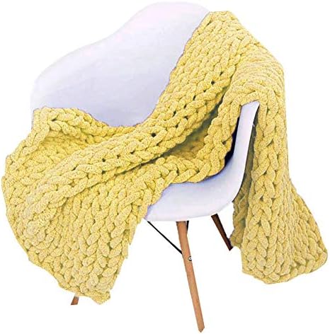Chunky Knit Throw Blanket Chenille Yarn Soft Cozy Bulky Knitted Blanket for Sofa Bed Chair Large Hand Made Boho Home Decor Yellow 32x32 by Unknown