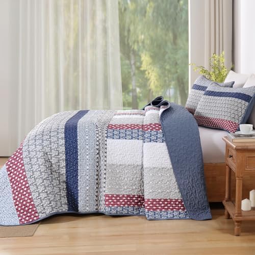 WONGS BEDDING Queen Size Quilt Set, Boho Striped Patchwork Bedspread - Image 3