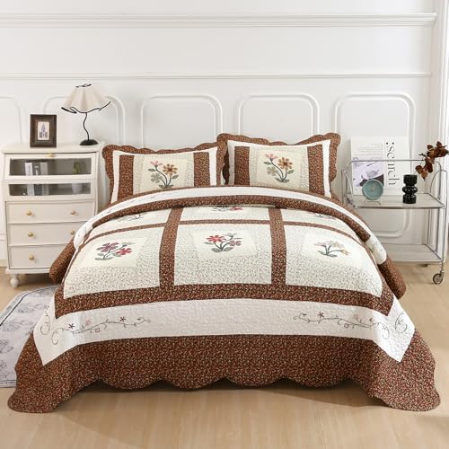 vctops 2 Piece Embroidered Floral Quilted Bedspread Quilt Set 100% Cotton Reversible Patchwork Coverlet Set 1 Quilt and 1 Pillow Sham (Coffee,Twin) - Image 2