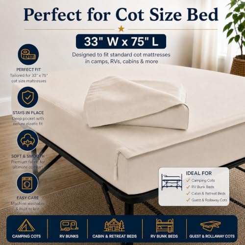 Zipper Cot Fitted Sheet Bundle, 33 x 75 Camping Cot Mattress Sheets, 400 Thread Count 100% Cotton, Includes 1 Wraparound Base, 2 Removable Zipper Top Sheets & 2 Pillowcases, 8 Inch Deep Pocket, Ivory - Image 2