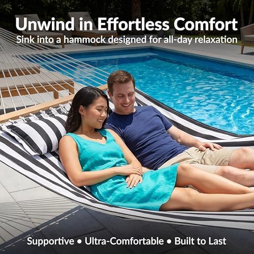 Sunnydaze Quilted Double Hammock for Outside with Pillow, Black and White - Image 4