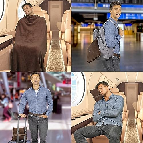 BlueHills Travel Blanket Pillows for Two Airplane Traveling Essentials Flight Throws in Bag case with Backpack Clip Compact Large Plane Accessories – Brown and Grayish Blue - Image 2