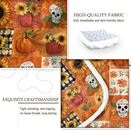 BlessLiving Fall King Size Quilt Set: Soft Microfiber Lightweight Skeleton Pumpkin Grid Pattern Quilt Set 3 Piece Autumn Bedspread Coverlet for Halloween Bedroom Living Room Decor - Image 4