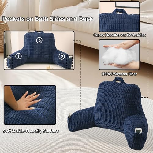 Large Reading Pillow for Sitting Up with Arms,Blue Corduroy - Image 5