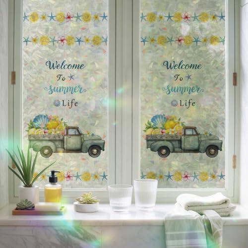 Summer Truck Lemon Window Privacy Film Rainbow Static Cling Stain Glass Window Film for Glass Door, Decorative Heat Blocking Sunroof Decal Sticker for Car 29.5"x118" Nautical Coastal Linen Texture - Image 6