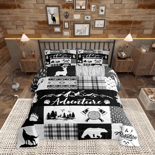 Castle Fairy Hunting Adventure Comforter Set Queen Size,Deer Antler Bear Pine Patchwork Bedding Set for Women Adult,Arrow Lodge Boho Aztec Camper Grid Luxury Bed Duvet Insert, 2 Pillowcases by CastleFairy