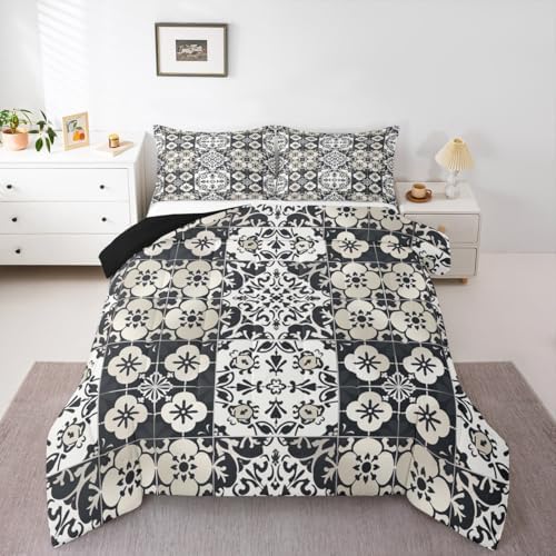 Erosebridal Mexican Talavera Tile King Bedding Set - Vintage Flower Mexico Comforter Set, Retro Floral Patchwork Quilt for Kids Adults, Exotic Ethnic Aesthetic Bedroom Decor - 2 Pillowcases - Image 2