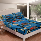 Cartoon Train Bedding Sets Queen for Toddler Kids Boys Vintage Steam Engine Bed Sheets, Travel Railway Track Transportation Fitted Sheet Construction Traffic Signs Retro Car Decor Sheets - Image 2