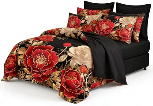 CCoutueChen Red Rose 7 Piece Queen Comforter Set, Black Gold Floral Bedding by CCoutueChen