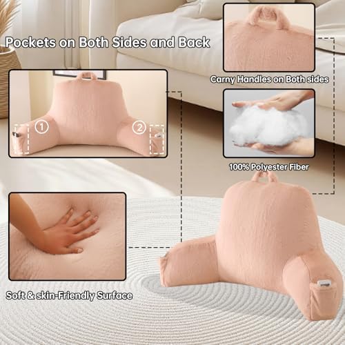 Large Plush Backrest Pillow for Sitting in Bed,Faux Fur,Pink - Image 5