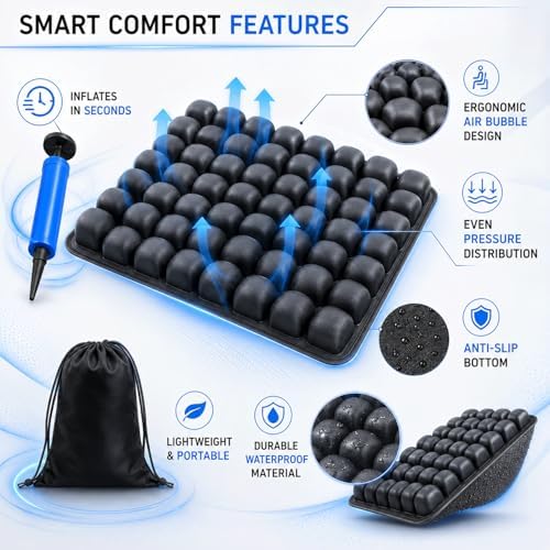 Inflatable Seat Cushion with Manual Air Hand Pump & Carry Bag, Travel Cushion Airplane Seat, Lightweight Airline Seat Cushion for Long Flights, Portable Air Cell Cushion for Office Chair, Car & Travel - Image 3