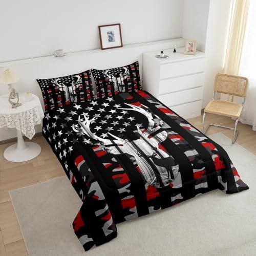 Camo American Flag Full Size Comforter Sets for Kids,Deer Antlers Red Camouflage Bedding Flags for Room Teens,Wild Animal Hunting Farm Branches Leaves Stars Stripes USA Flag Down Comforter - Image 6