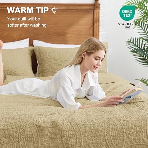 Love's cabin King Size Quilt Set Camel Bedspreads - Soft Bed Fall Lightweight Bedspread Comforter - Modern Style Coin Pattern Coverlet for All Season - 3 Pieces (1 Quilt, 2 Pillow Shams) - Image 4