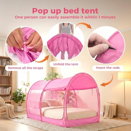 LEEDOR® Bed Tent Dream Tent Bed Canopy Shelter Cabin Sleeping Tent Indoor Bed Curtain Pop Up Privacy Warm Breathable with 4 Doors Twin/Full/Queen for Kids and Adult (Mattress Not Included) - Image 5