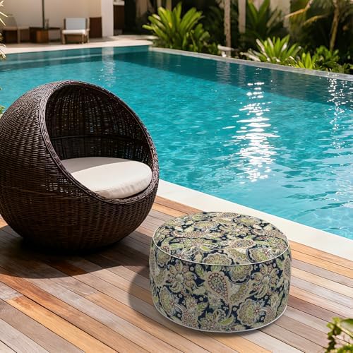 Outdoor Inflatable Stool Ottoman, All Weather Portable Footrest Stool, Furniture Stool Ottomans for Home Garden Beach, D31”xH14”, Paisley Sapphire Blue - Image 5