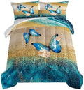 HOSIMA Butterfly Comforter Set with 2 Pillow Sham, Blue Floral Comforter - Queen Size for Kids and Women, Golden Vintage Pattern Bedding Set by HOSIMA