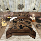 Retro Hunt Fish Comforter Set Twin Size,Retro Farm Wooden Board Quilt Set for Kids Boys Bedroom Collection,Deer Bird Fish Animal Hunting Polyester Bedding with 1 Pillowcase,2Pcs by CastleFairy