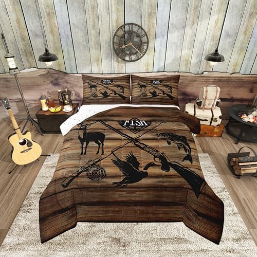 Retro Hunt Fish Comforter Set Twin Size,Retro Farm Wooden Board Quilt Set for Kids Boys Bedroom Collection,Deer Bird Fish Animal Hunting Polyester Bedding with 1 Pillowcase,2Pcs by CastleFairy
