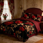 CCoutueChen Vintage Floral Comforter Set Full Size, Red and Black Bedding Set with Gold Botanical Leaves, Dark Burgundy Soft Microfiber Comforter for Adult Women, 3Pcs 2 Pillowcases / 79"x90" by CCoutueChen