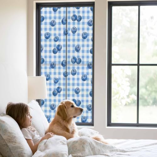 Window Privacy Film Frosted, Blue Blueberry Static Cling Door Window Covering, Checkered Fruits Farmhouse Art UV Blocking Windows Film for Office, Hotel, Bedroom, 29.5 x 78.7 Inches - Image 2