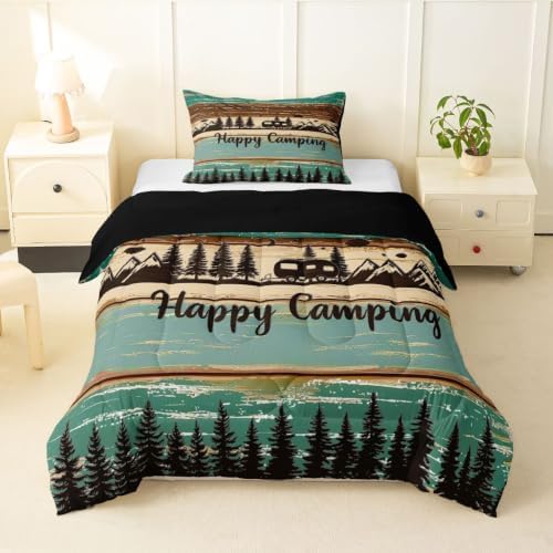 Erosebridal Rustic Rv Camping Comforter Set Camper Twin Bedding Sets for Boys Girls Kids Country Farmhouse Wooden Board Comforter Mountain Pine Trees Quilt Duvet 2 Pcs Green Brown by Erosebridal