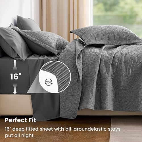 Love's cabin King Quilt Set Grey, Bed in a Bag King Size Bedding 7 Pieces, Ultrasonic Embossed Coin Pattern Comforter, Lightweight Bedspreads for All Seasons Quilt with Sheets, Pillowcases & Shams - Image 4