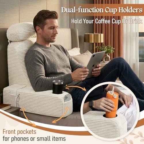 Reading Pillow/Backrest Pillow with Arms, Cup Holder & Phone Pocket - Image 4