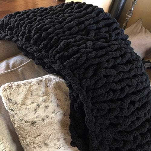 Chunky Knit Throw Blanket Chenille Yarn Soft Cozy Bulky Knitted Blanket for Sofa Bed Chair Large Hand Made Boho Home Decor Black 32x40 - Image 3