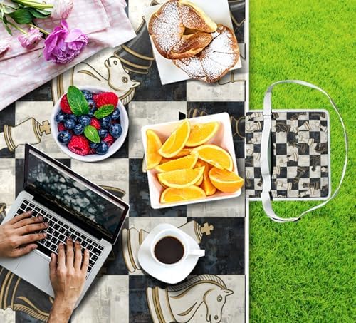 MNSRUU Picnic Blanket Waterproof Foldable, Chess Black White Grid Large Outdoor Picnic Beach Camping Blanket Travel Mat, Shoulder Strap Tote, Rectangle 57x59in - Image 4