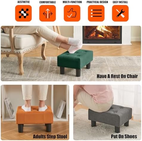 BRIAN & DANY Small Foot Stool, Velvet Foot Stools with Legs, Stable Small Footstool for Living Room, Dark Green - Image 6