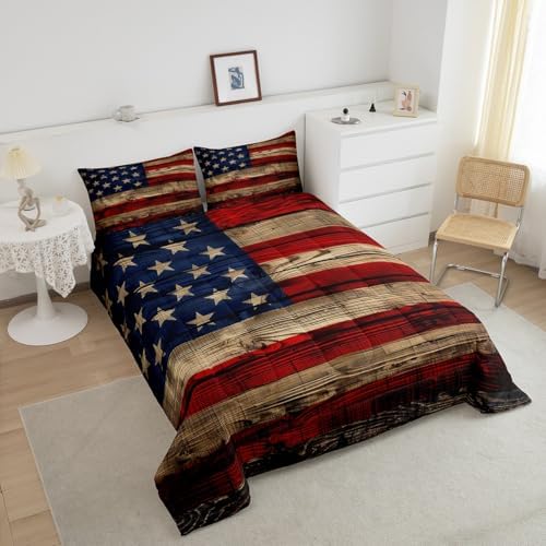 Castle Fairy American Flag Quilt Set Full Size, Brown Wooden Board Country Retro Farmhouse Natural Style Comforter Set for Girls Teens Bedroom Present, Microfiber Bedding Set with 2 Pillowcases - Image 6