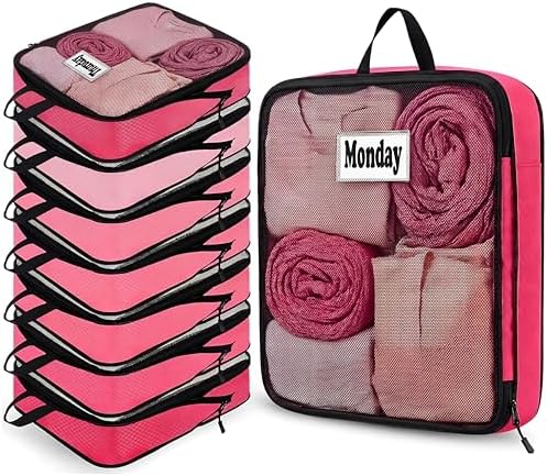 7 Pcs Packing Cubes for Travel Days of Week, Pink, L by Bulyoou