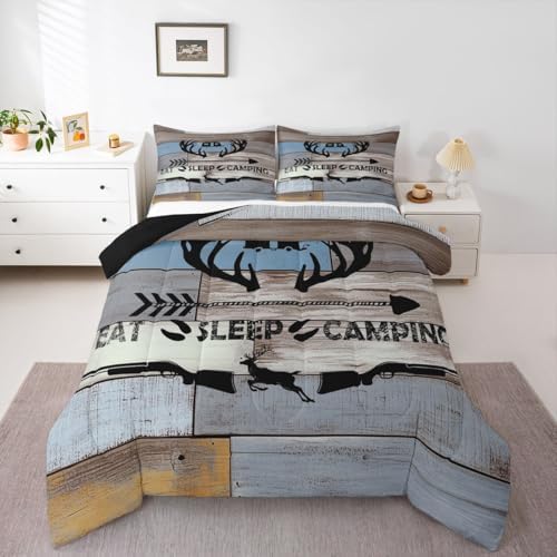 Erosebridal Camping Hunting Bedding Sets Rustic Elk Deer Down Comforter King Farmhouse Camper Theme Bedding Comforter Set for Kids Adults,Eat Sleep Hunt and Camp Quilt Set 2 Pillow Cases Grey Blue by Erosebridal