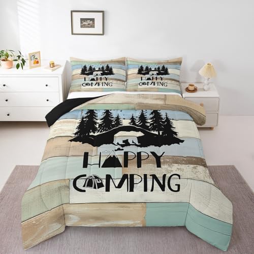 Erosebridal Kids Woodland Bear Bedding Set Happy Camping Camper Twin Comforter Set for Travel Trailers Rv Bunks Camper Quilt Set Rustic Farmhouse Barn Door Duvet Insert 1 Pillow Case Green Blue by Erosebridal