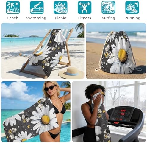 Beach Towel Bag 2 in 1 Daisy Flower Bath Pool Towels Backpack Bee Love Heart Absorbent Beach Towel Soft Quick Dry Lightweight Packable Towels Drawstring Bag for Travel Camping Sports Yoga Gym Picnic - Image 5