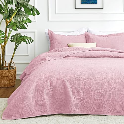 Love's cabin California King Size Quilt Bedding Set Pink Bedspreads - Cal King Summer Lightweight Bedspread Comforter - Coin Pattern Coverlet for All Season - 3 Pieces (1 Quilt, 2 Pillow Shams) by Lovescabin