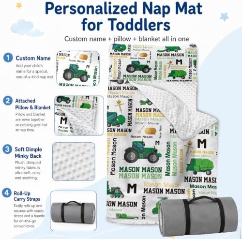 Personalized Toddler Nap Mat with Pillow and Blanket, Monogram Nap Mats for Preschool Daycare, Custom Thickened Large 55”x22.5” Sleeping Bag for Kids, Rollup Sleeping Mat for Boys Girls Gift - Image 2