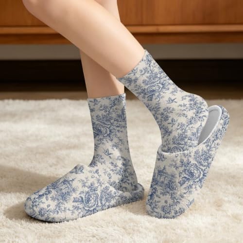 Toile de Jouy Fuzzy Slipper with Socks for Women Cozy Slipper Indoor - Image 2