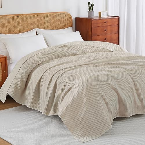 100% Egyptian Cotton Waffle Weave Throw Blanket for Bed Couch Sofa Home Decor, Soft Lightweight Bed & Couch Blanket for All Seasons (Light Khaki - Queen Size - 90 * 90") - Image 2