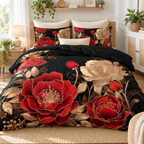 CCoutueChen Vintage Floral Comforter Set, Queen Size, Black Red - Image 2