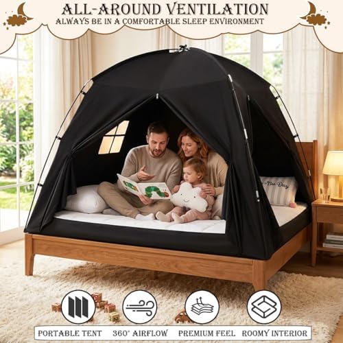 Akiky Bed Tent Bed Canopy Privacy Sleeping Space on Bed Breathable Canopy Tents Blackout Tent(Black,Twin) - Image 2