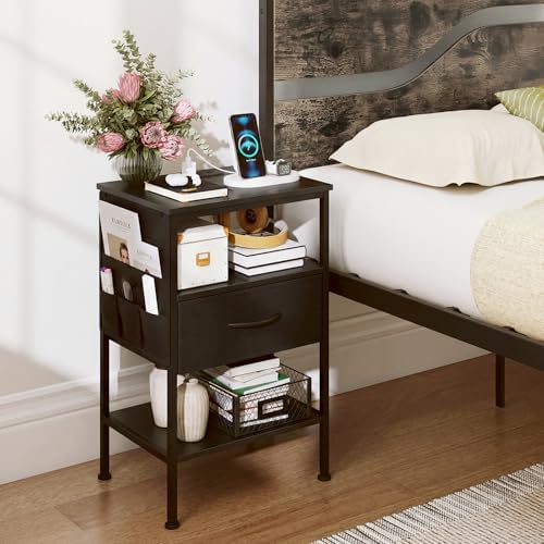 KOMFOTT Nightstand with Charging Station, 24.5" Modern Bedside Table with Fabric Drawer, Open Shelf & Side Pocket, End Table with 2 AC Outlets, USB and Type-C Port for Bedroom (Black,1) - Image 2