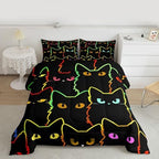 Erosebridal Cat Bedding Sets for Girls & Boys, Gradient Line Cute Cat Comforter Set for Teens & Kids, Animal Quilt Duvet Insert, 2 Pillow Cases, Black - Image 2
