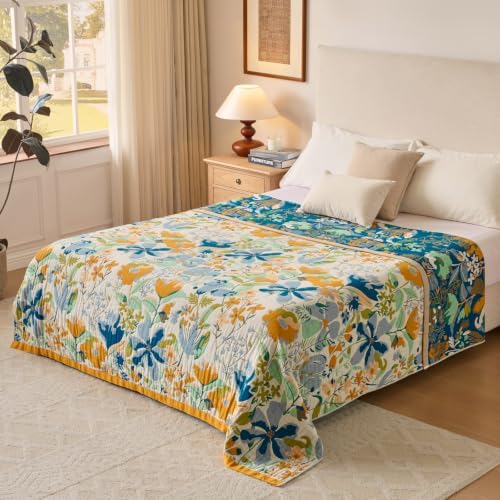 Boho Throw Blanket, 100% Soft Cotton Floral Quilt, Twin 60"x 80" - Image 3