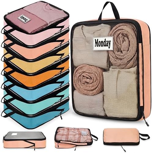 7 Pcs Packing Cubes for Travel Days of Week, Multicolor, S by Bulyoou