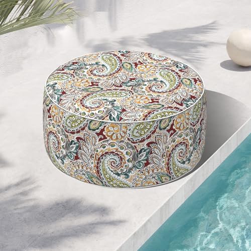 Indoor/Outdoor Inflatable Ottoman, Water Repellent Round Foot Rest Ottomans D31 x H14 inch, Portable Footstool for Patio Garden Camping or Home, Paisley Chilli by TWLEAR